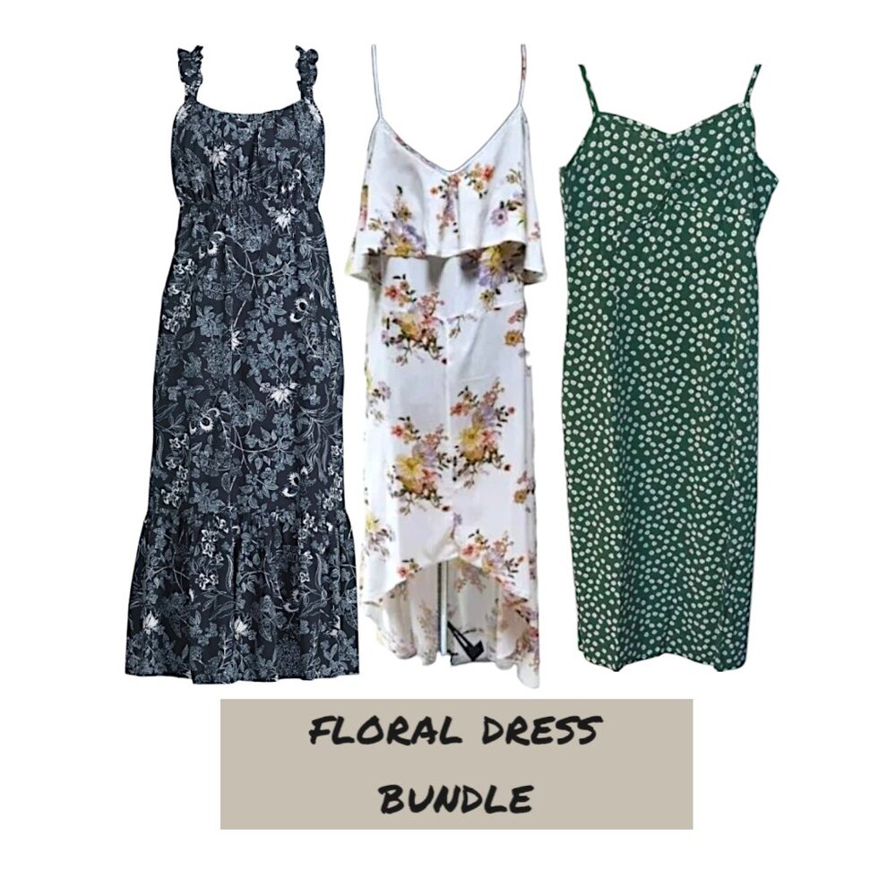 (3) FLORAL MIDI DRESS BUNDLE Cold-Shoulder, Hi-Low, Spaghetti Strap, Small